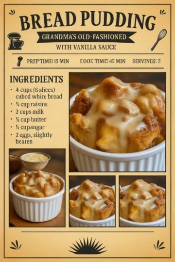 A warm, nostalgic dessert with soft bread pudding and creamy vanilla sauce.