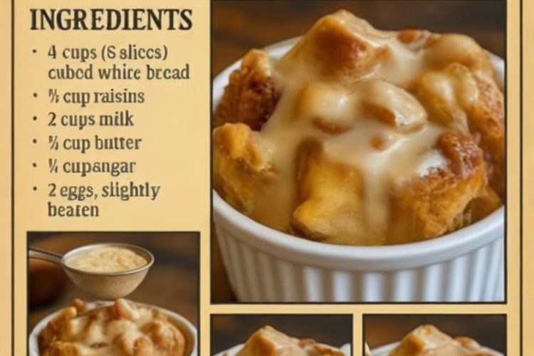 A warm, nostalgic dessert with soft bread pudding and creamy vanilla sauce.