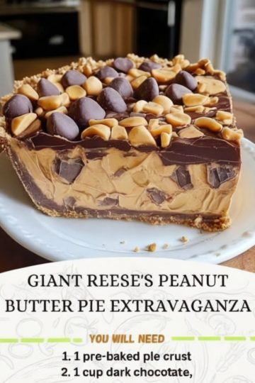 A no-bake, ultra-creamy peanut butter pie with a crunchy crust, drizzled chocolate, and mini Reese’s cups.