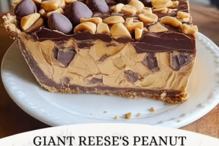 A no-bake, ultra-creamy peanut butter pie with a crunchy crust, drizzled chocolate, and mini Reese’s cups.