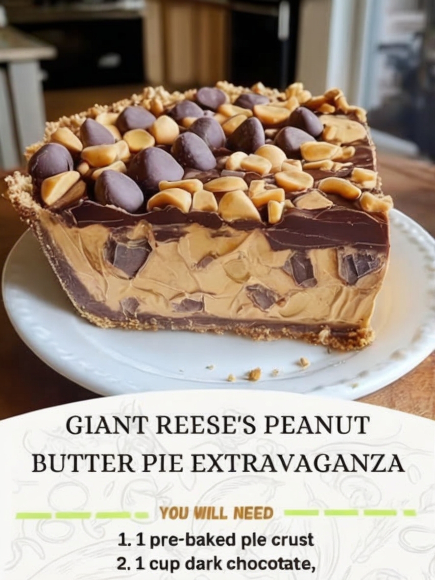 A no-bake, ultra-creamy peanut butter pie with a crunchy crust, drizzled chocolate, and mini Reese’s cups.