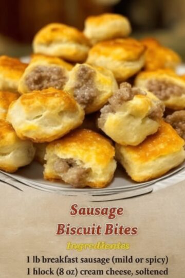 These cheesy sausage biscuit bites are a quick and delicious appetizer, perfect for game day, breakfast, or a party snack. Made with refrigerated biscuit dough and loaded with cream cheese, cheddar, and sausage.