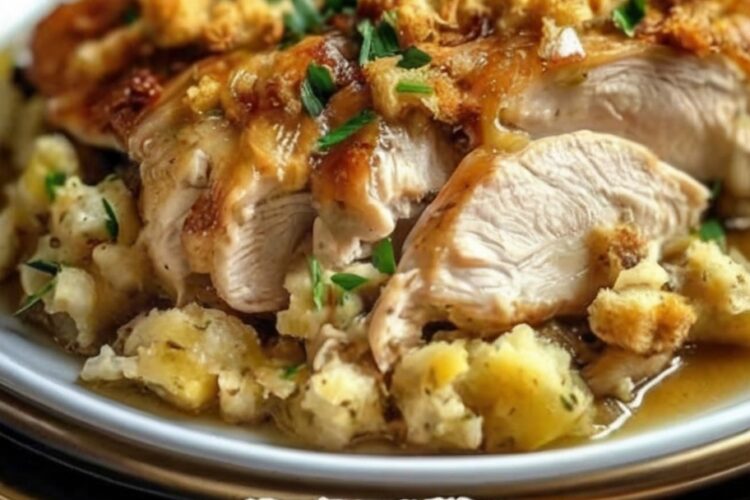 This 4-Ingredient Slow Cooker Chicken with Stuffing is the ultimate dump-and-go dish. No oven, no stress