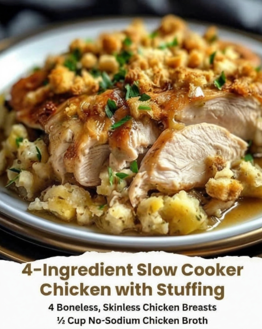 This 4-Ingredient Slow Cooker Chicken with Stuffing is the ultimate dump-and-go dish. No oven, no stress