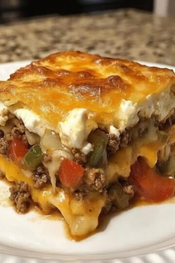 The ultimate hearty, cheesy casserole layered with beef, biscuits, veggies, and a creamy topping. Perfect for family dinners or potlucks!