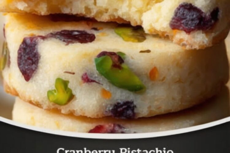 Buttery shortbread cookies studded with tart cranberries and crunchy pistachios—perfectly festive and delicious.