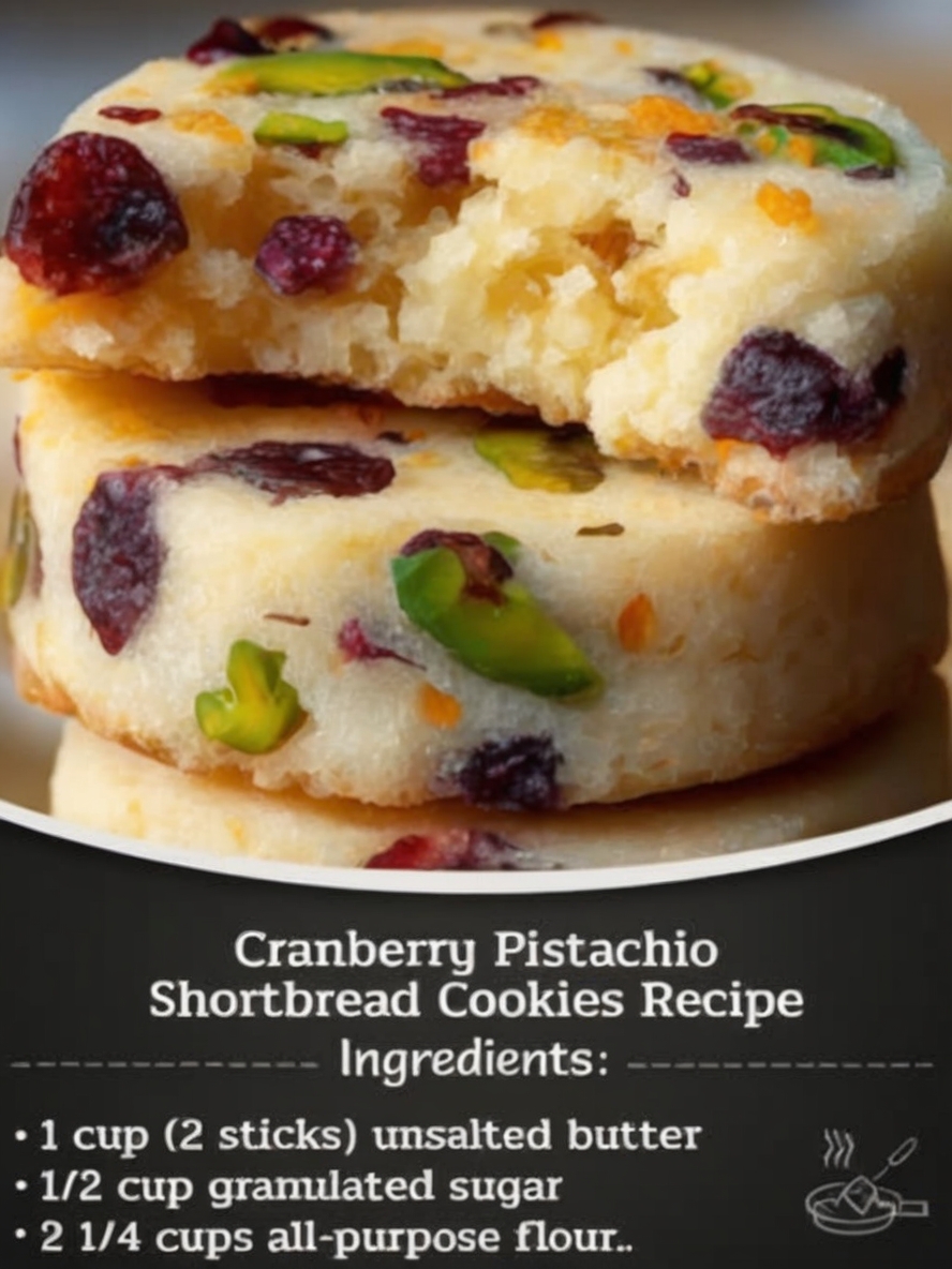 Buttery shortbread cookies studded with tart cranberries and crunchy pistachios—perfectly festive and delicious.