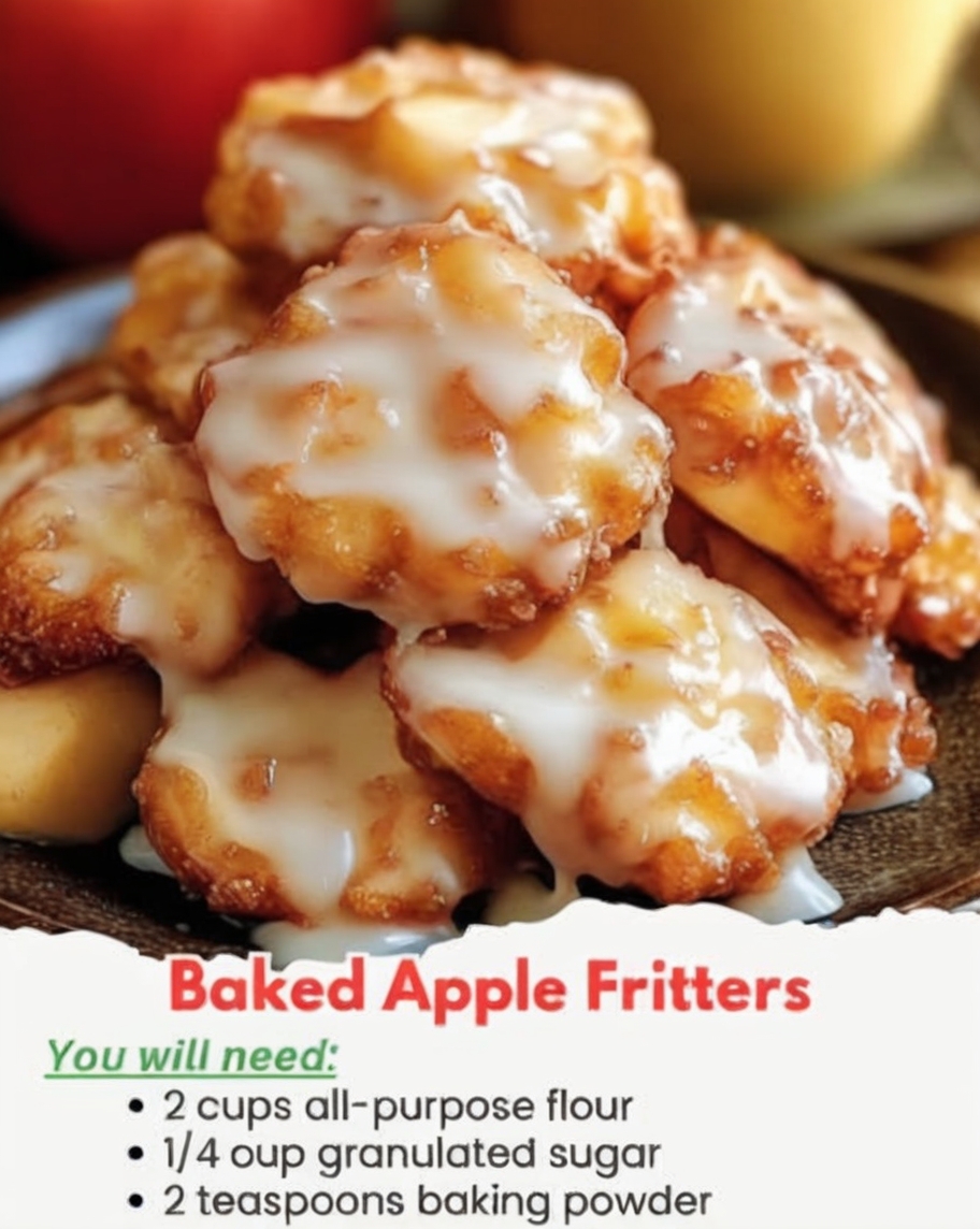 Skip the deep fryer and enjoy tender apple fritters baked to golden perfection with a sweet vanilla glaze.