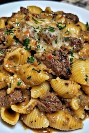 Juicy steak bites seared in garlic butter paired with creamy parmesan pasta shells — a restaurant-quality meal in under 30 minutes.