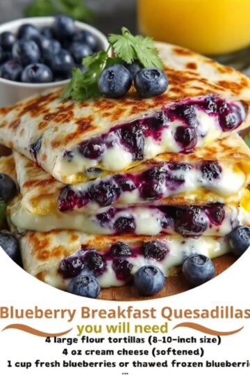 Crispy tortillas stuffed with juicy blueberries and melty cheese, dusted with powdered sugar and syrup — a 10-minute breakfast miracle.