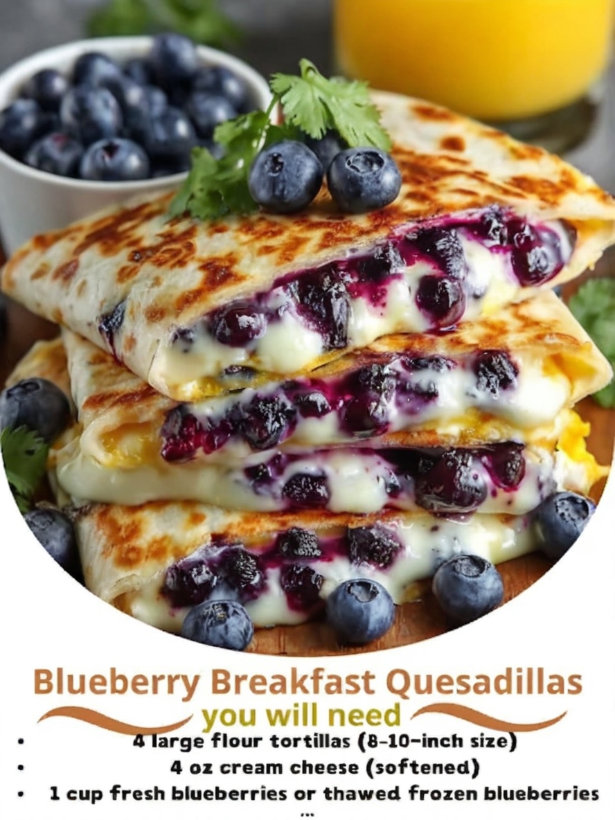 Crispy tortillas stuffed with juicy blueberries and melty cheese, dusted with powdered sugar and syrup — a 10-minute breakfast miracle.