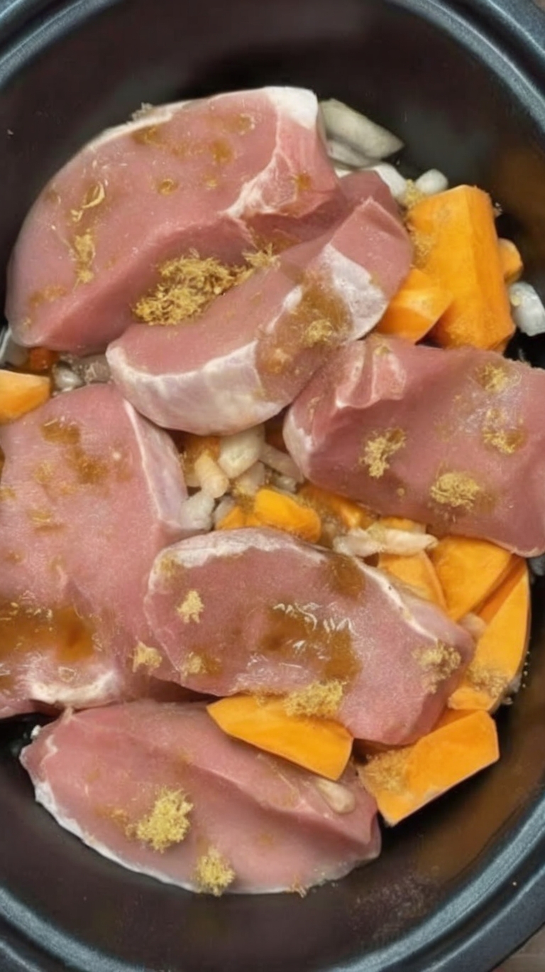 Tender, juicy pork chops and sweet potatoes slow-cooked in a savory-sweet broth.