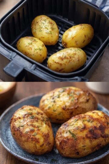 Golden, crispy-skinned baked potatoes with fluffy insides—ready in half the time thanks to the air fryer.