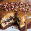 A decadent chocolate and caramel cake layered with pecans and fudge frosting for pure indulgence.