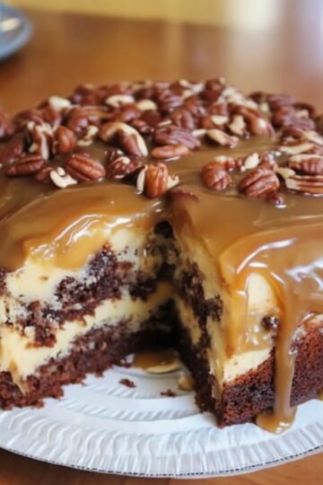 A decadent chocolate and caramel cake layered with pecans and fudge frosting for pure indulgence.