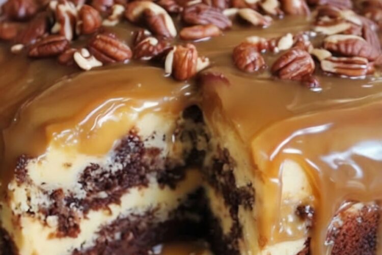 A decadent chocolate and caramel cake layered with pecans and fudge frosting for pure indulgence.