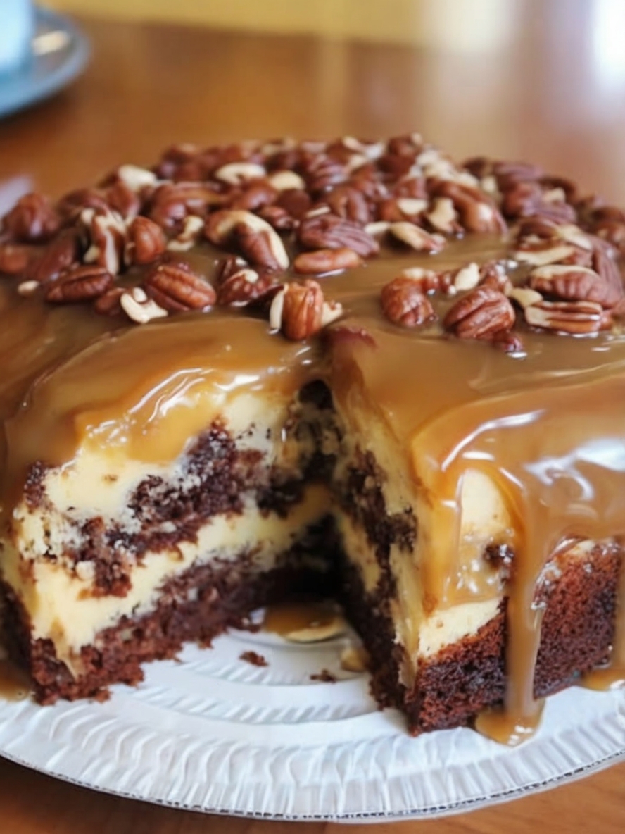 A decadent chocolate and caramel cake layered with pecans and fudge frosting for pure indulgence.