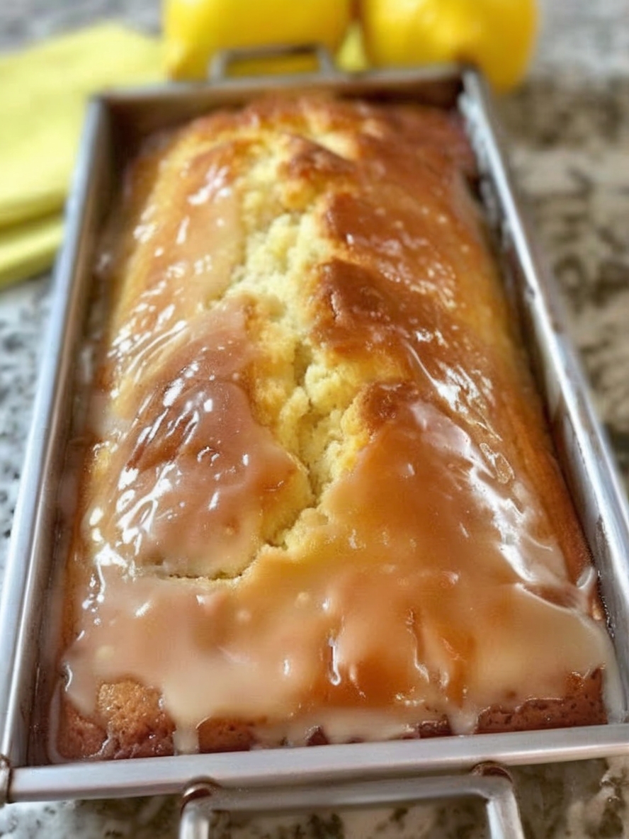 A buttery, moist lemon loaf infused with zesty flavor and topped with a sweet, crunchy citrus glaze.