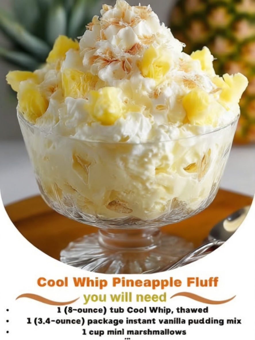 A light, creamy, no-bake dessert with sweet pineapple, marshmallows, and whipped topping — perfect for any occasion.