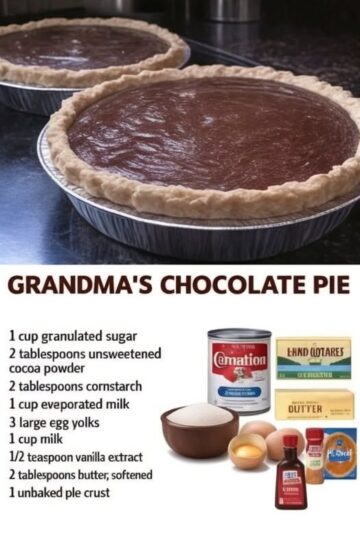 A rich, smooth, old-fashioned chocolate pie with a silky custard filling and golden crust — just like Grandma used to make.