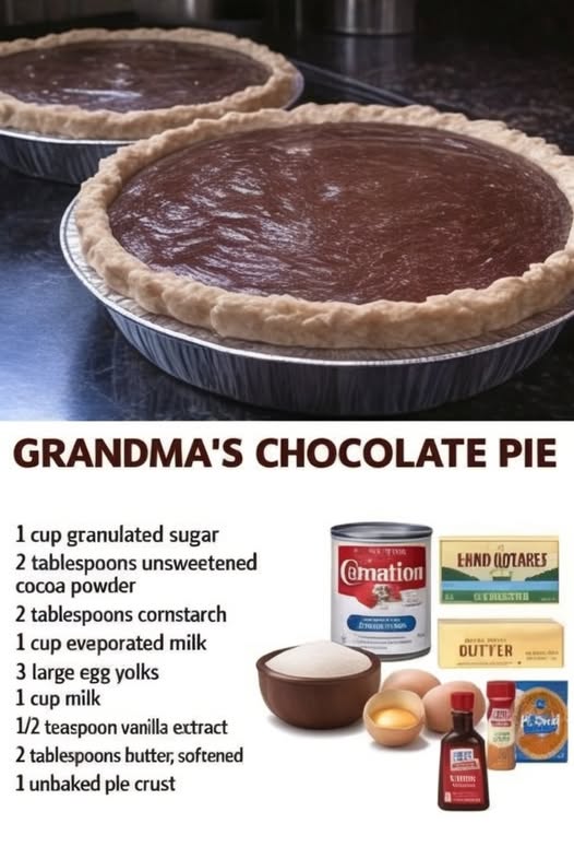 A rich, smooth, old-fashioned chocolate pie with a silky custard filling and golden crust — just like Grandma used to make.