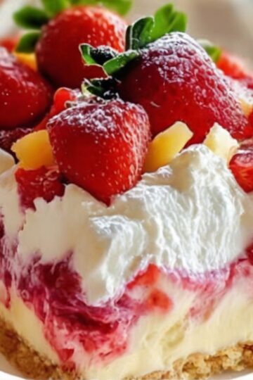 A cool, creamy, fruity dessert layered with strawberries, pineapple, bananas, and whipped topping over a buttery graham crust — the perfect no-bake summer treat.