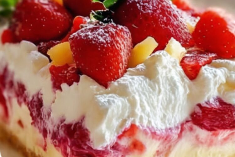 A cool, creamy, fruity dessert layered with strawberries, pineapple, bananas, and whipped topping over a buttery graham crust — the perfect no-bake summer treat.