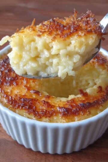 A rich, custard-style baked rice pudding made with warm cinnamon, tender rice, and a silky smooth texture. Classic comfort food at its best.