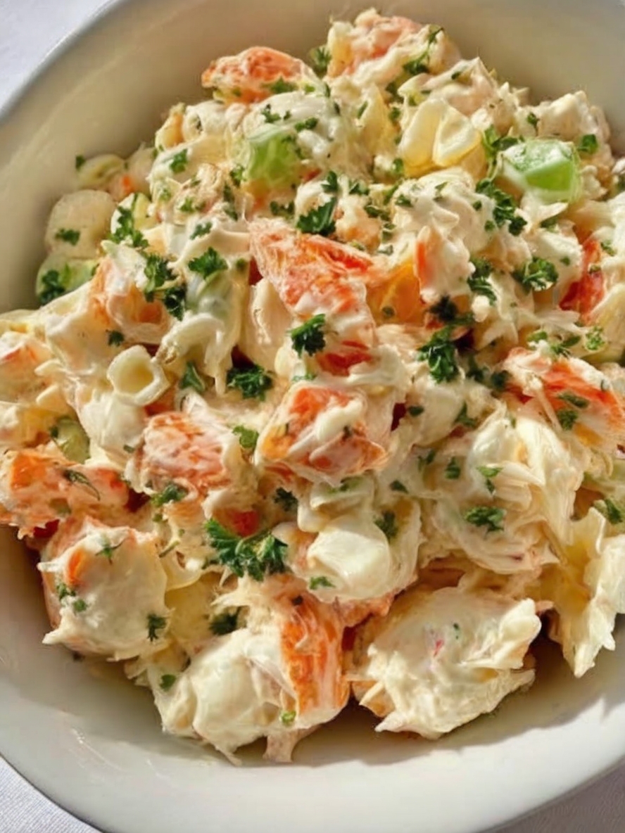 A cool, creamy, and refreshing seafood classic made with tender crab meat, crisp vegetables, and a lightly tangy dressing.