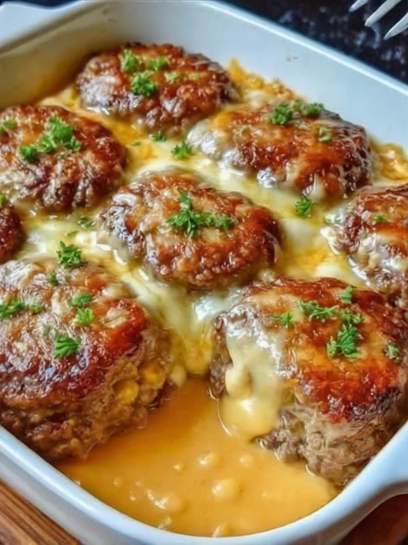 Old-fashioned hamburger steaks baked in creamy mushroom gravy—pure comfort food.