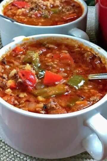 A hearty, comforting soup with all the flavors of classic stuffed peppers—ground beef, bell peppers, tomato broth, and rice in one cozy bowl.