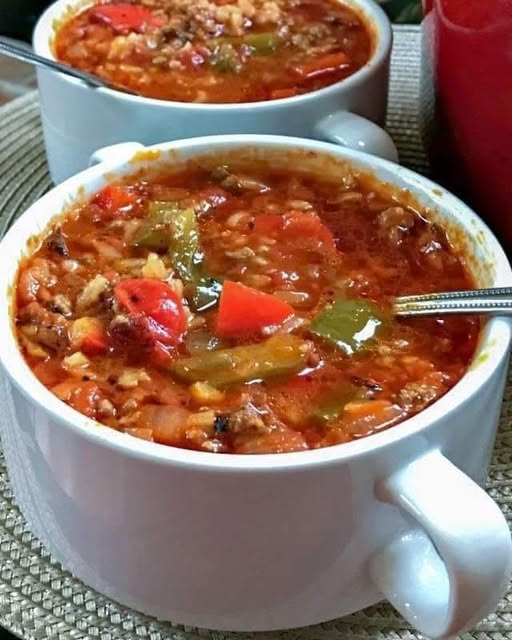 A hearty, comforting soup with all the flavors of classic stuffed peppers—ground beef, bell peppers, tomato broth, and rice in one cozy bowl.