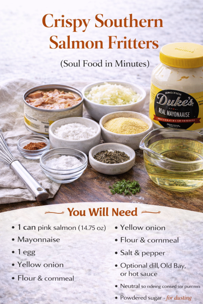 Golden, crispy salmon fritters made with canned salmon, cornmeal, and simple pantry ingredients—quick, budget-friendly Southern comfort food.