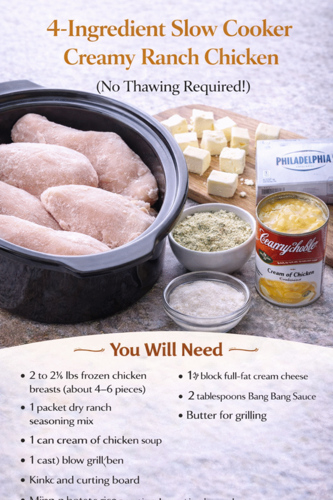 The ultimate weeknight lifesaver made with frozen chicken breasts, ranch seasoning, cream of chicken soup, and cream cheese. No thawing required—just dump, cook, and come home to tender, shreddable chicken in a rich, velvety sauce.