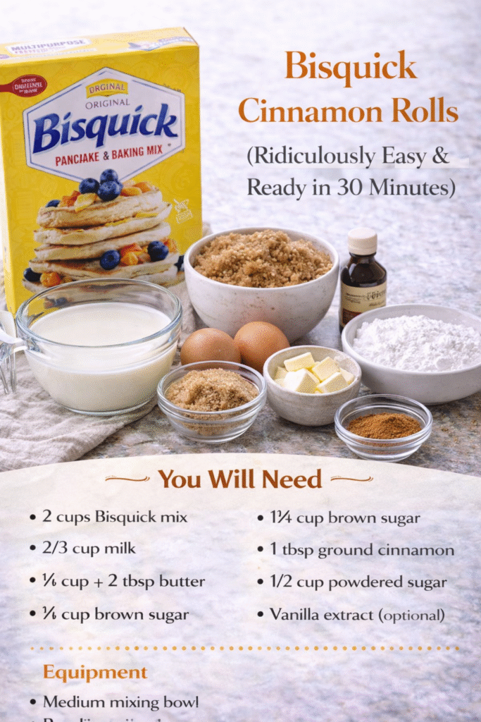 Unbelievably quick and easy cinnamon rolls made with Bisquick mix and ready in about 30 minutes. Soft, tender, and swirled with cinnamon sugar, then drizzled with sweet vanilla glaze—perfect for busy mornings or whenever the cinnamon roll craving strikes.
