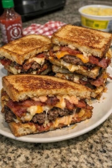 A next-level grilled sandwich loaded with juicy beef patties, crispy bacon, melted cheddar, and a sweet-spicy bang-bang sauce, all pressed between buttery, golden bread.