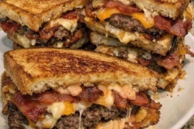 A next-level grilled sandwich loaded with juicy beef patties, crispy bacon, melted cheddar, and a sweet-spicy bang-bang sauce, all pressed between buttery, golden bread.