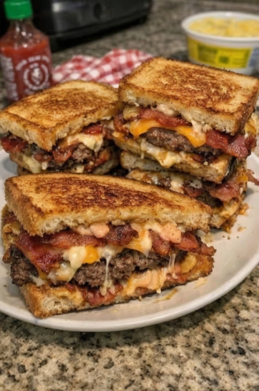 A next-level grilled sandwich loaded with juicy beef patties, crispy bacon, melted cheddar, and a sweet-spicy bang-bang sauce, all pressed between buttery, golden bread.