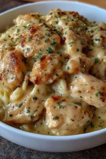 Juicy pan-seared chicken breasts served over creamy, garlicky Parmesan noodles, all cooked in one skillet for minimal cleanup. This comforting weeknight dinner comes together in about 30 minutes with simple ingredients and maximum flavor.