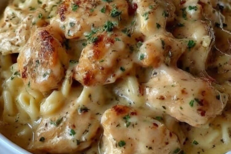 Juicy pan-seared chicken breasts served over creamy, garlicky Parmesan noodles, all cooked in one skillet for minimal cleanup. This comforting weeknight dinner comes together in about 30 minutes with simple ingredients and maximum flavor.