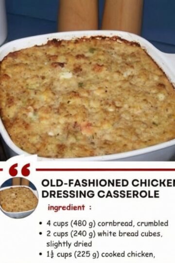 A classic Southern comfort food casserole combining crumbled cornbread, white bread, tender chicken, and aromatic vegetables, all bound together with savory broth and baked to golden perfection. Perfect for family dinners, potlucks, or holiday gatherings.