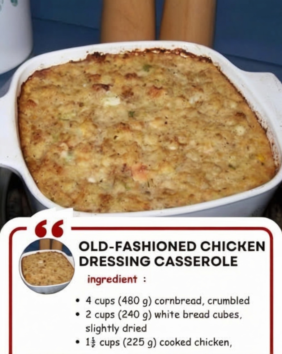 A classic Southern comfort food casserole combining crumbled cornbread, white bread, tender chicken, and aromatic vegetables, all bound together with savory broth and baked to golden perfection. Perfect for family dinners, potlucks, or holiday gatherings.