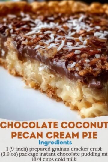 A no-bake cream pie made with chocolate pudding, whipped topping, coconut, and pecans in a graham cracker crust.