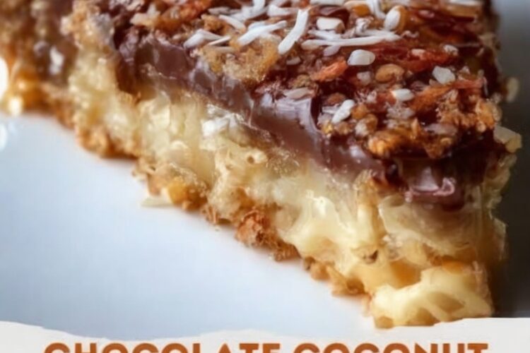 A no-bake cream pie made with chocolate pudding, whipped topping, coconut, and pecans in a graham cracker crust.