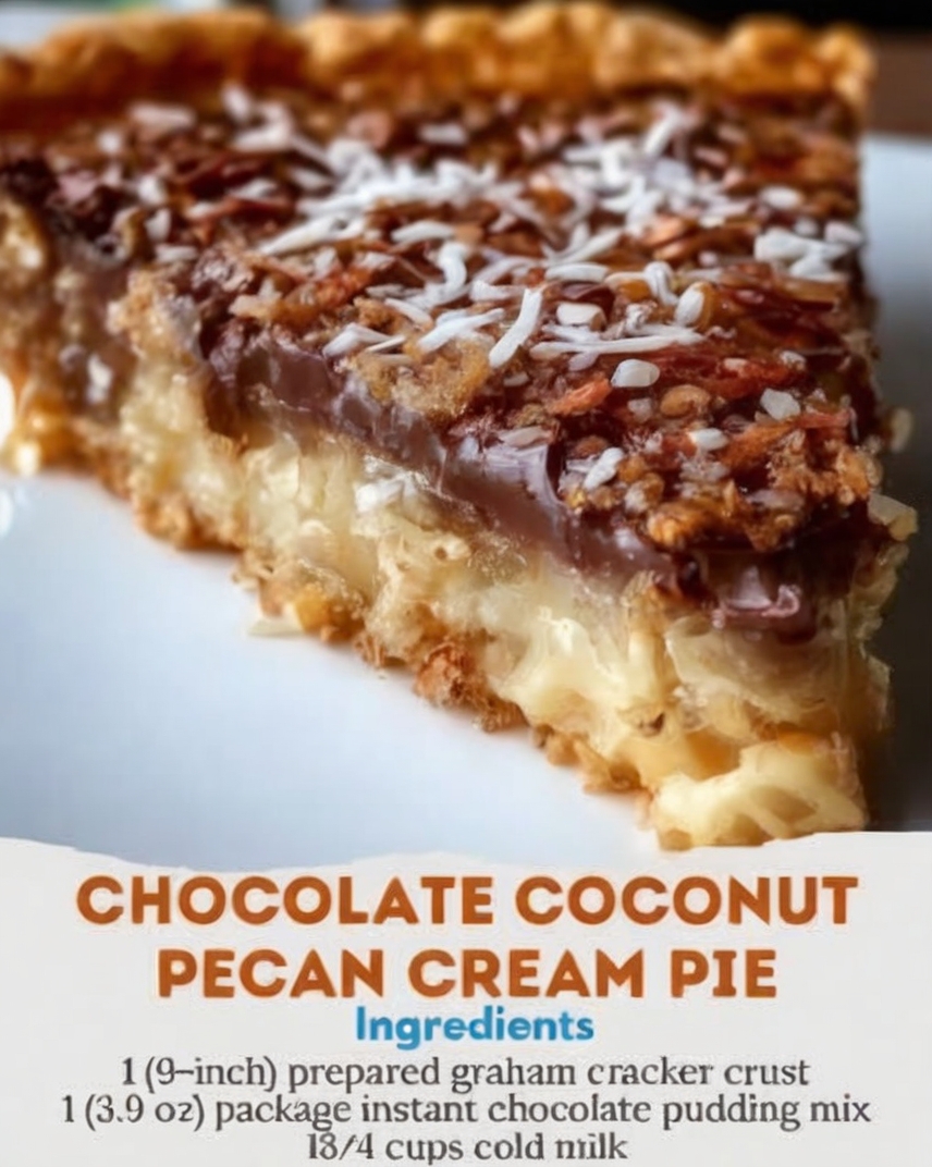 A no-bake cream pie made with chocolate pudding, whipped topping, coconut, and pecans in a graham cracker crust.