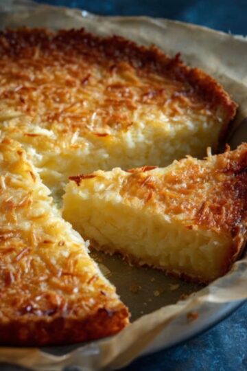 A rich, custard-style coconut pie infused with dark rum and toasted coconut, baked in a buttery crust for a simple yet indulgent tropical dessert.