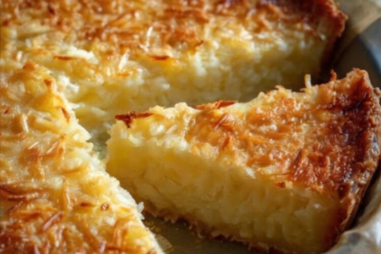 A rich, custard-style coconut pie infused with dark rum and toasted coconut, baked in a buttery crust for a simple yet indulgent tropical dessert.