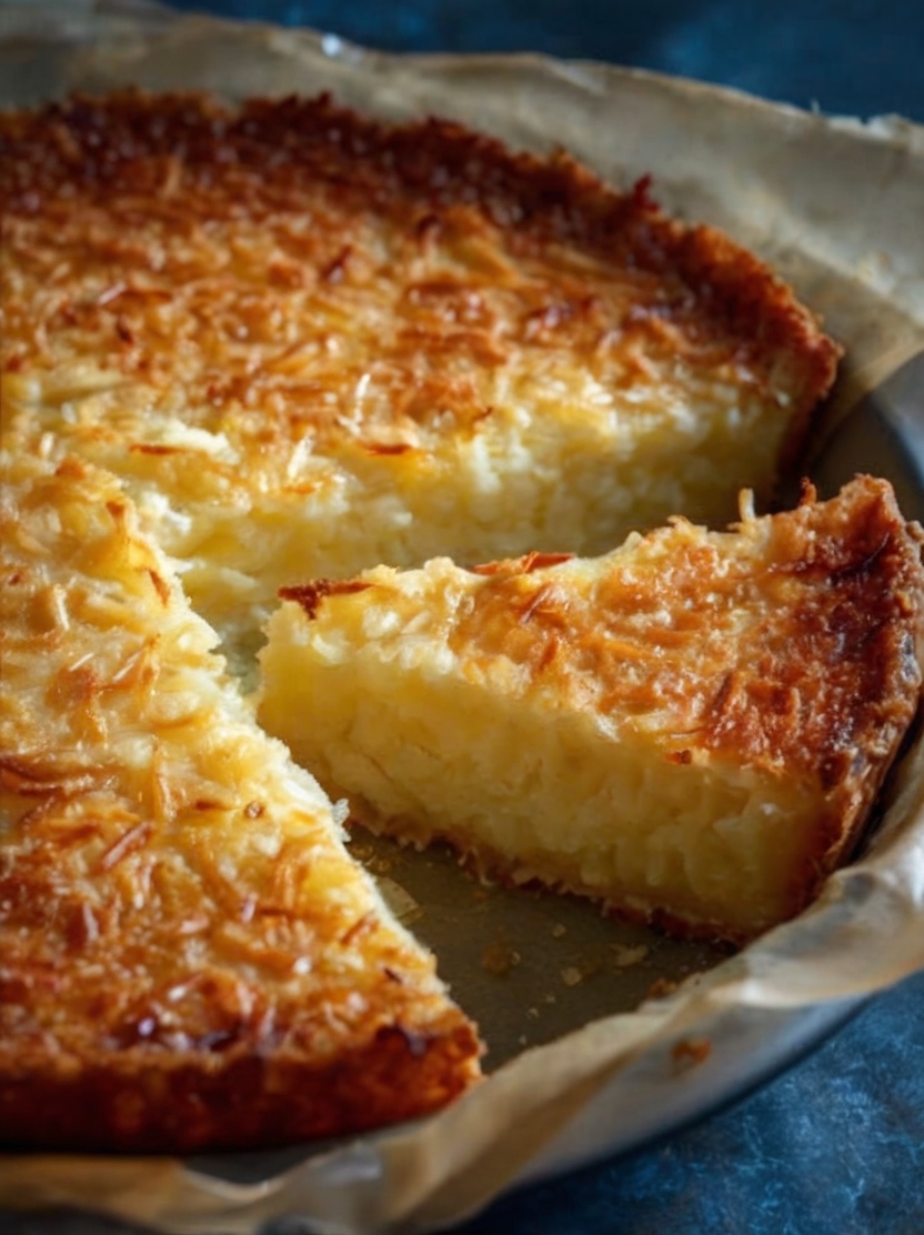 A rich, custard-style coconut pie infused with dark rum and toasted coconut, baked in a buttery crust for a simple yet indulgent tropical dessert.