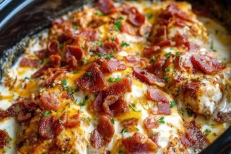 A creamy, ranch-seasoned shredded chicken made in the slow cooker with just three ingredients. Add bacon for an irresistibly savory comfort-food classic.