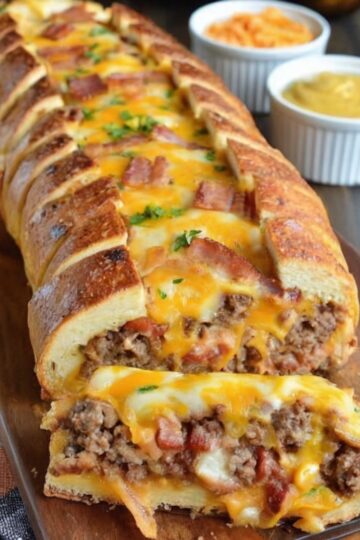 A savory, loaded baked loaf stuffed with seasoned beef, bacon, pickles, cheese, and classic condiments—perfect for parties, potlucks, and comfort-food cravings.